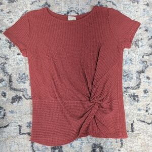 Paper Crane Women’s Small Textured Knot Front Top Rust Short Sleeve USA Made